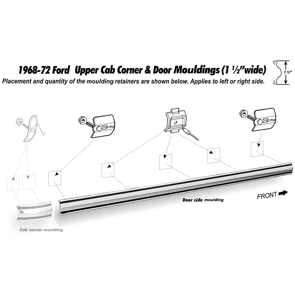 1968-72 Ford Truck; Upper Door Moldings; 1-1/2" Wide; LH Or RH