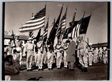 Vtg B&W Snapshot Military Men Soldiers US Flag Ceremony Alabama Hq Base 1950s