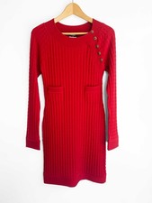CHANEL Red Rib Knit Stretch Wool Long Sleeve Pocket Mini Sweater Dress 42/10