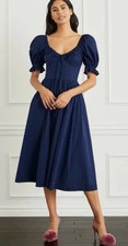 NWT Quince Women 100% Organic Cotton Puff Sleeve Midi Dress Navy - XS