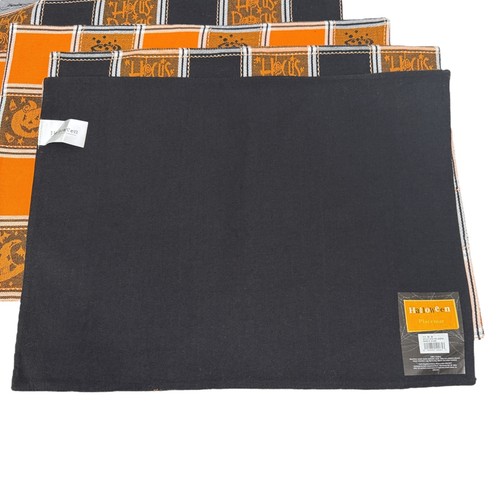 Halloween Placemats Set of Four Pumpkin Orange Black Check Cotton Tapestry - Picture 2 of 11