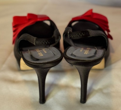 KATE SPADE New York 8.5 B, Black Satin Stiletto w Red Satin Bow, Made in Italy - Picture 6 of 9