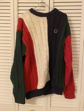 VTG Tommy Hilfiger Sweater Mens Large Colorblock Cable Knit Crest Rugby Preppy
