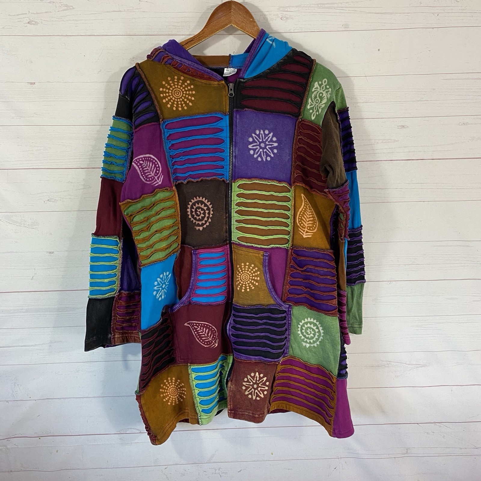 Womens Patchwork Mid Length Zip Front Hooded Swea… - image 1