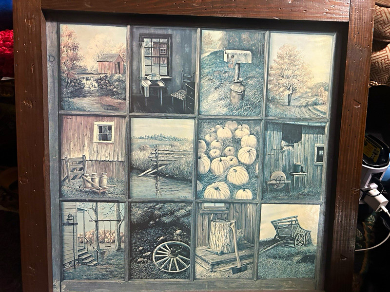 Framed Farm Life Nature Print, Windowpane Collage Wood Frame Brown Gray Beige