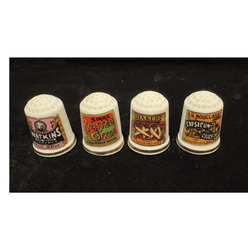 Porcelain Sewing Thimble Set Vintage Advertising Designs Lot of 4
