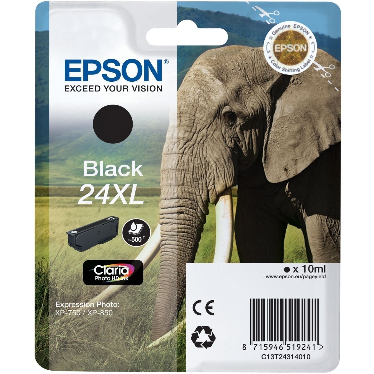 Cartouche Epson Eléphant Noir XL d'encre originale Claria Photo HD