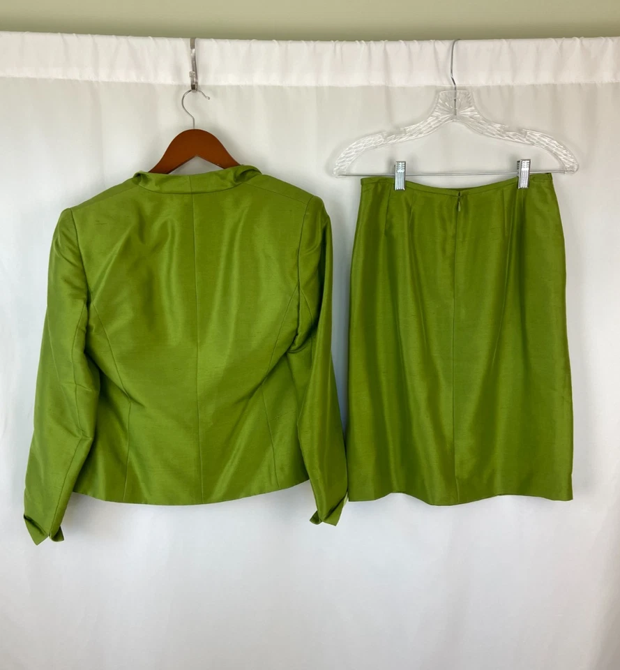 Usado en Excelente Condición Kasper ASL Petite 6P Verde Seda 3 Piezas Falda Blusa Blazer Floral Negocios Foto 2 de 4