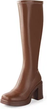 Ankis Knee High Boots Platform for Women Chunky Heel Side 8, Brown 
