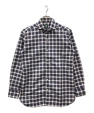 BORRELLI Long-sleeved cotton twill check collar casual shirt Size: L NA35 Navy