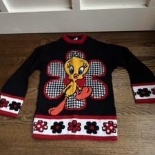 Vintage Girls Sweater Tweety Bird Looney Tunes Warner Bros Kids Sz 6X Black Red