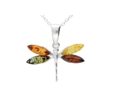 Bernstein Libelle Anhänger Sterling Silber 925 Marquise Form bunt Edelstein