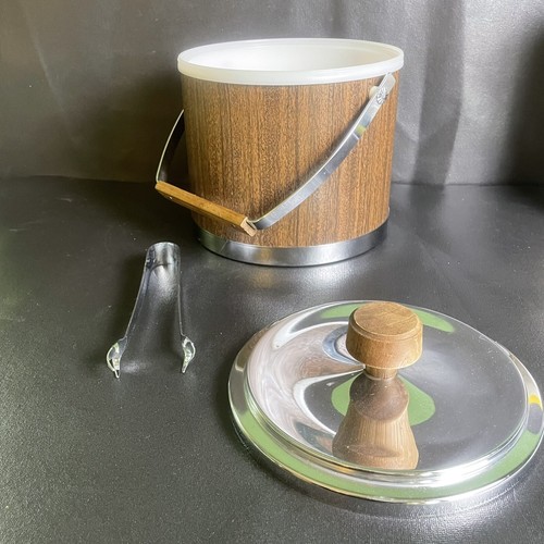 Retro MCM 1966 Ice Bucket & Tongs Wood Grain Kromex USA VTG Barware EX CONDITION - Picture 12 of 15