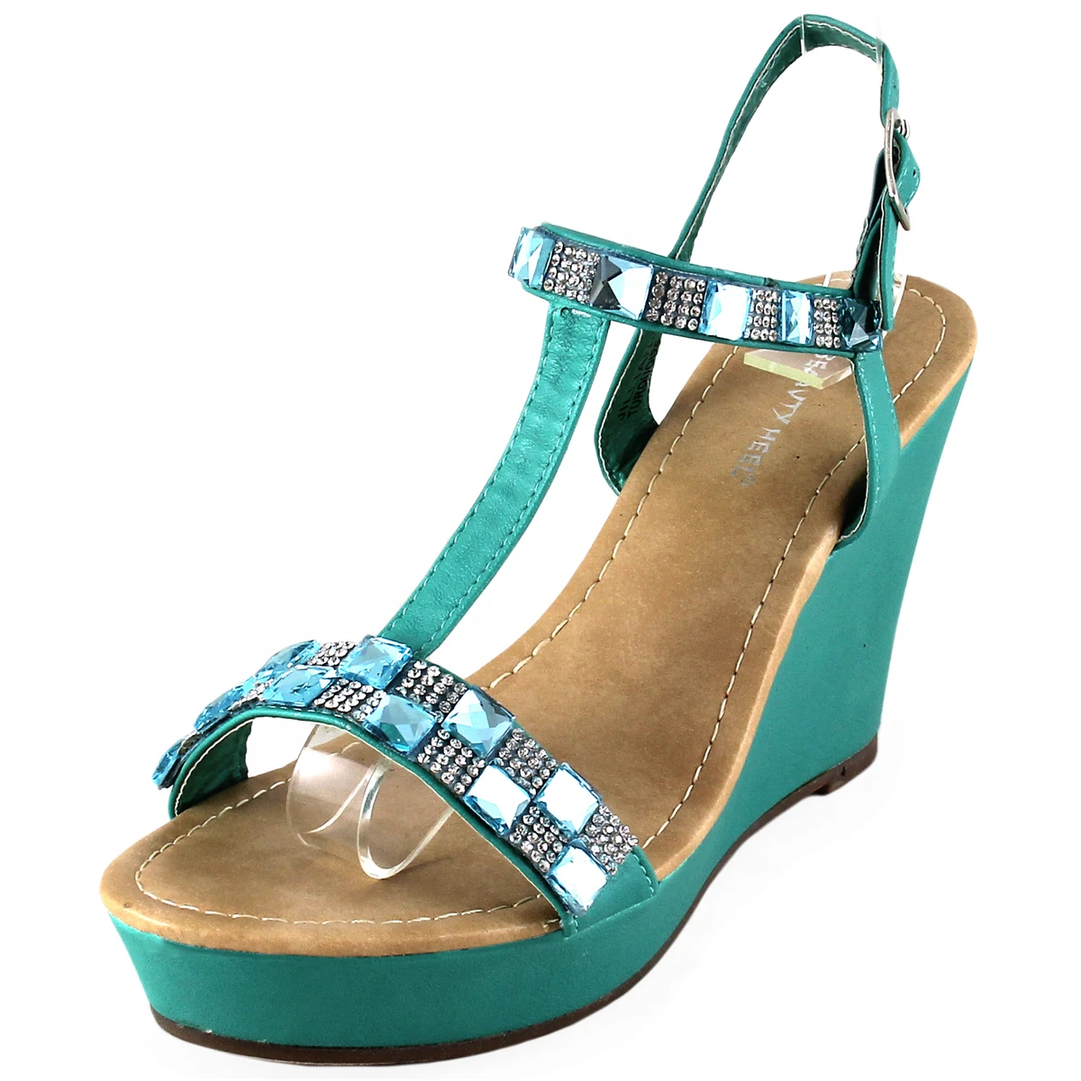 New women&#039;s shoes sandals open toe wedge turquoise blue rhinestones casual party eBay