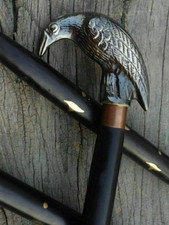 Victorian Antique Brass Raven Crow Handle Knob Designer Wood Cane Walking Stick