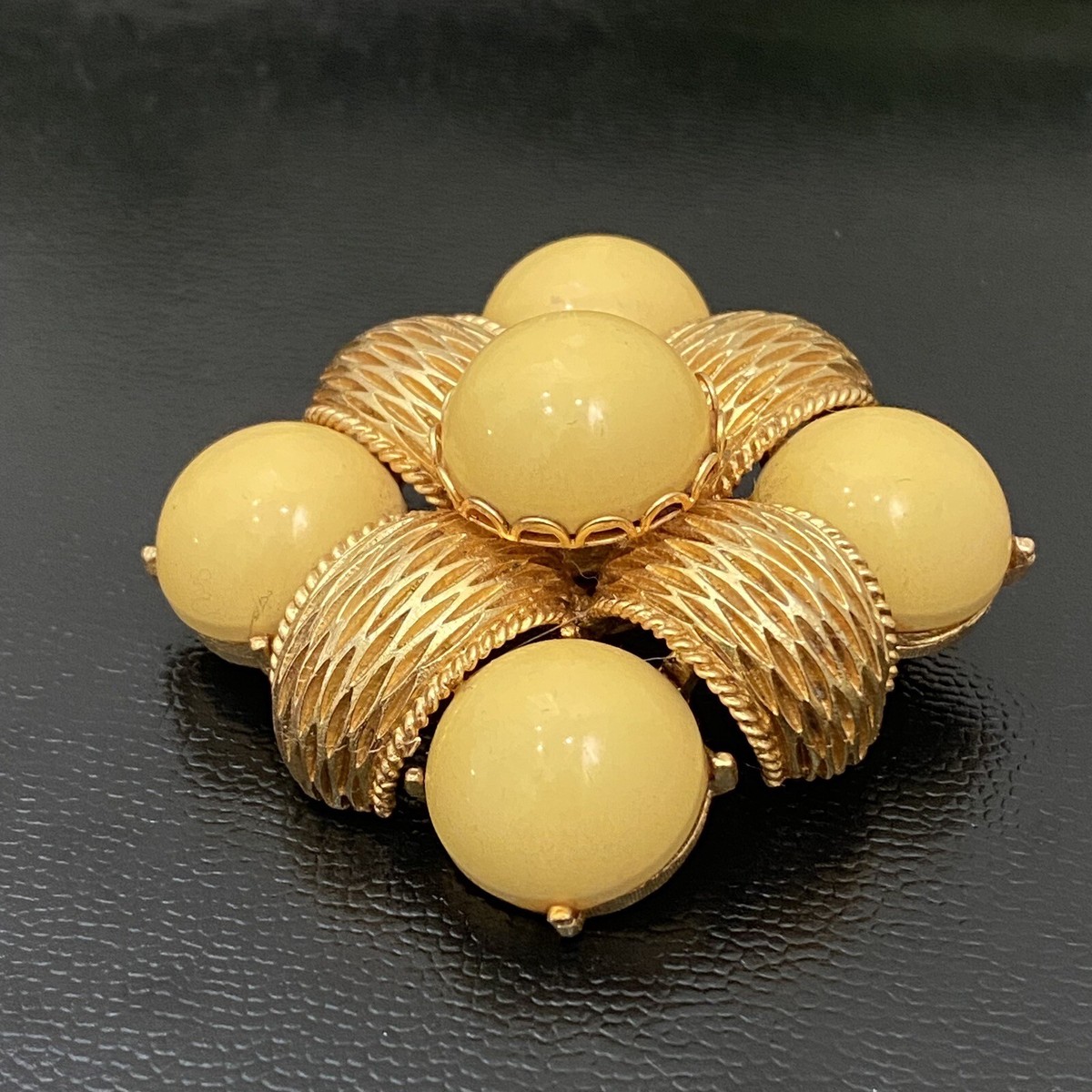 Vintage CADORO Signed Gold Tone Yellow Bakelite Cabochon Diamond