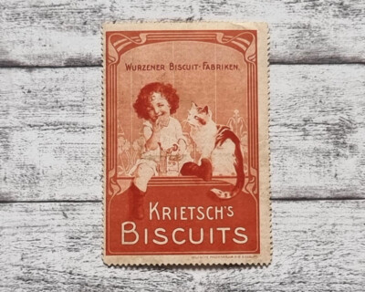 Krietsch's Wurzener Biscuit Fabriken Kind Katze Keks Werbung Reklamemarke Deko