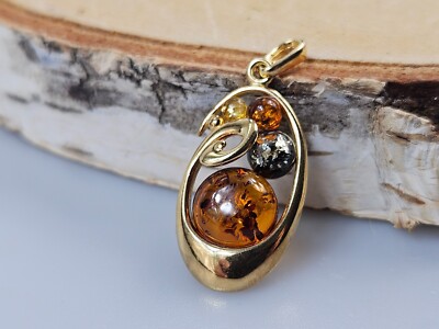 gold plated necklace with Baltic Amber real healing gemstone pendant chain 925