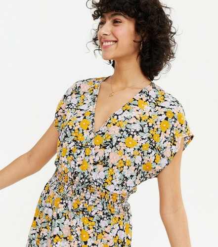Abito midi scollo a V a strati floreale nero New Look taglia 10 38 vintage - Foto 2 di 5