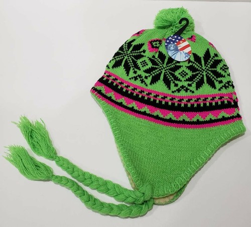 NWT Girls Womens Knit Winter Hat Beanie Ear Flap Tassel Green Warm Outdoor Ski - Picture 5 of 5