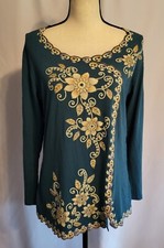 Floral Faux Wrap Boho Blouse Top Sz M Glitter "Peacock-Green" TURKEY Unique