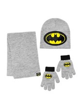 The Batman Boys Hat Glove  Scarf 3 Piece Set Black  Gray Reversible Sequins