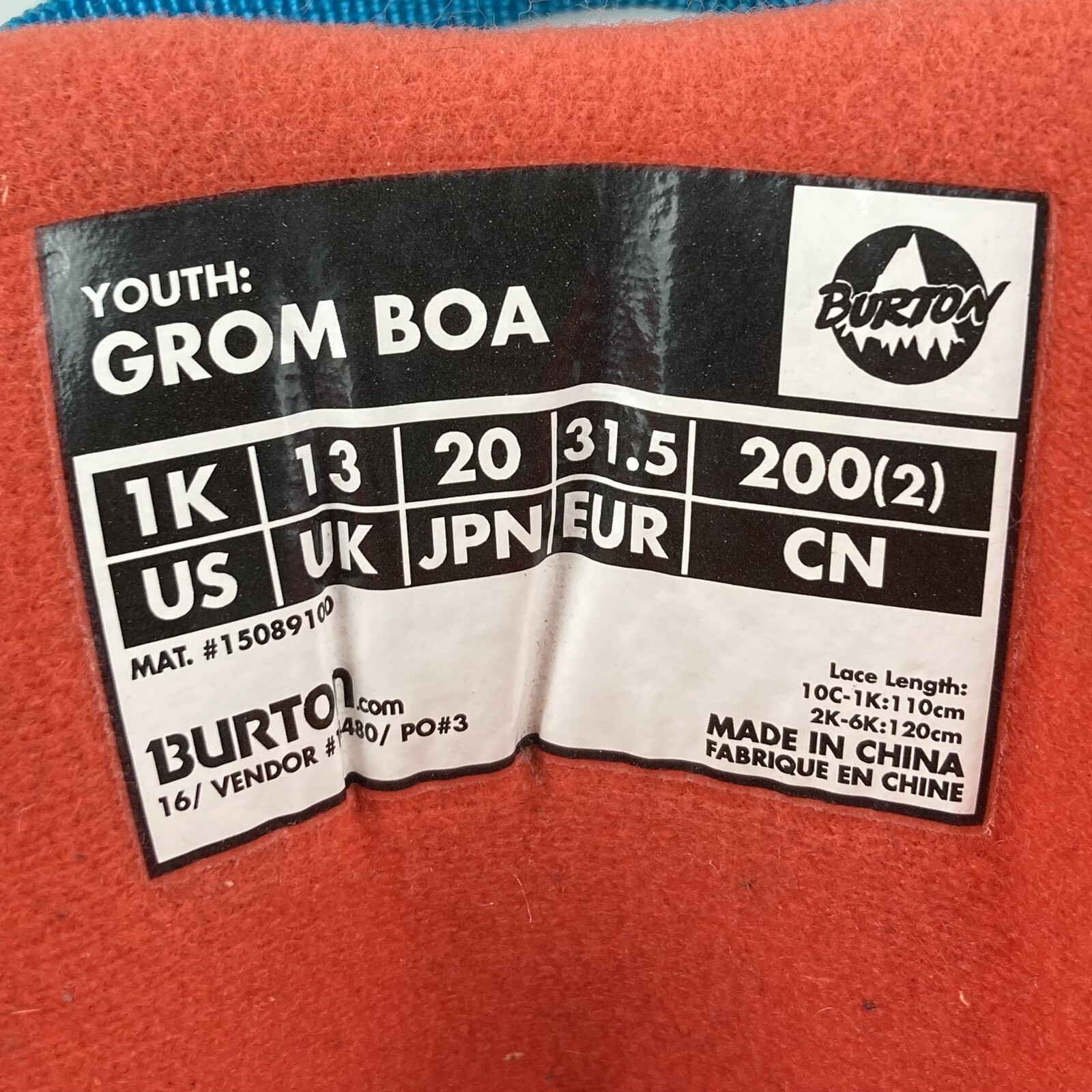 Burton Kids Grom BOA Snowboarding Boots Black Blue Red Size 1.0K