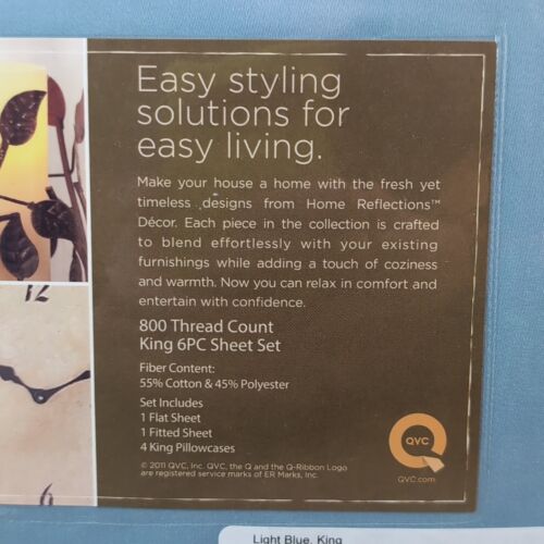 Home Reflections QVC 800TC Cotton Blend 6pc Sheet Set Light Blue King Size New - Picture 3 of 7
