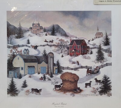 Haystack Repast Winter Scene Linda Nelson Stocks Signed Numbered 16'' x 13'' New