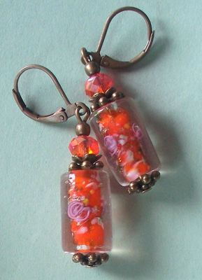 orange LAMPWORK Crystal earring BRONZE LEVERBACK handcrafted XLW