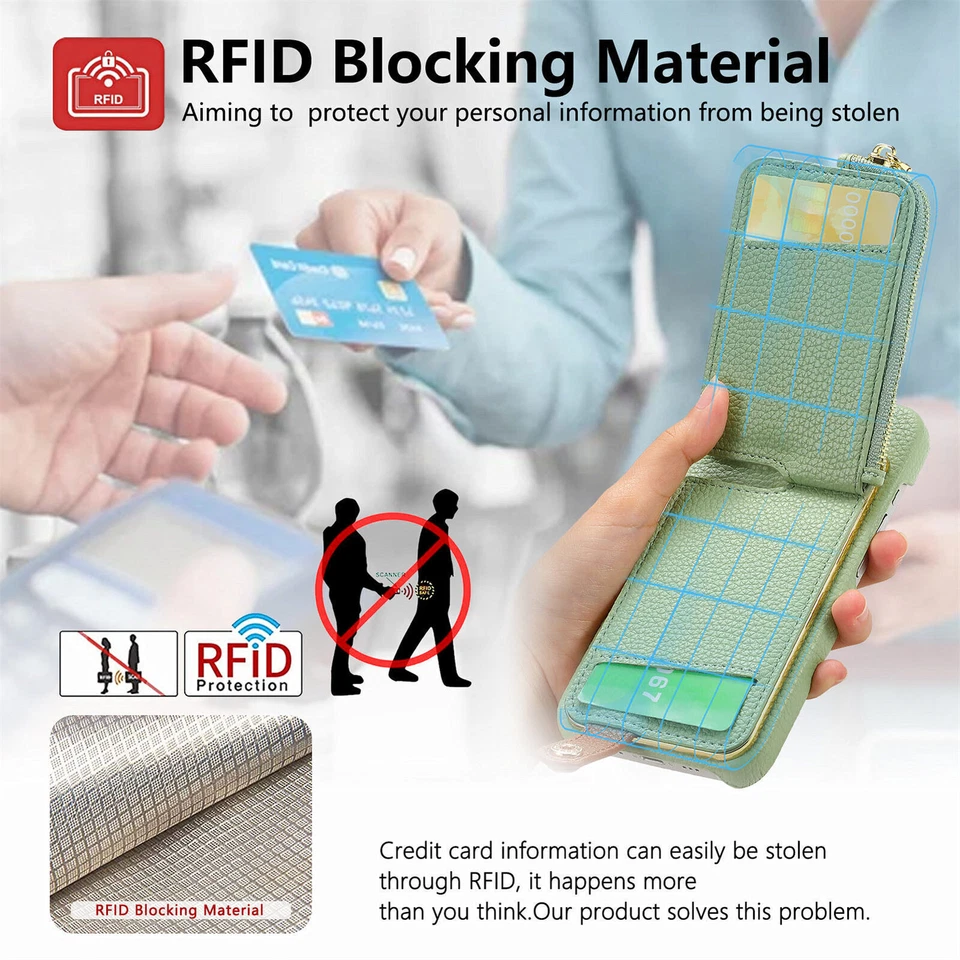 For iPhone 16 Pro Max/15/14/13/12/ Flip Back Zipper Card Wallet Case with Ring - Image 3 of 4