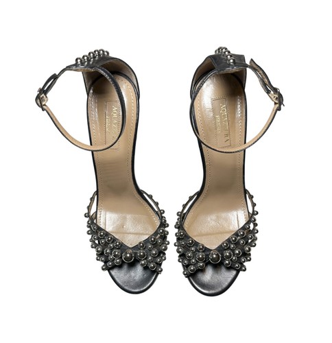 Aquazzura Bon Bon 105 Black Leather Studded Ankle Strap Heels Sandals Size 37 - Picture 6 of 11