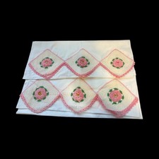 VTG 2pc White KING Pillowcases w/ Crochet Pink Roses 3D Effect Estate