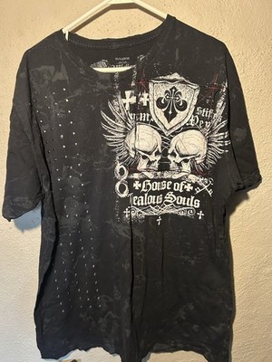 Affliction Men's Skull Wings Graphic Print Black Cotton Short Sleeve T-Shirt 2xl
