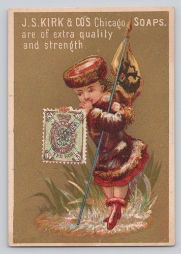 J.S. Kirk Soap Chicago IL Russia Girl Flag Stamp Victorian Trade Card 3x4.5"