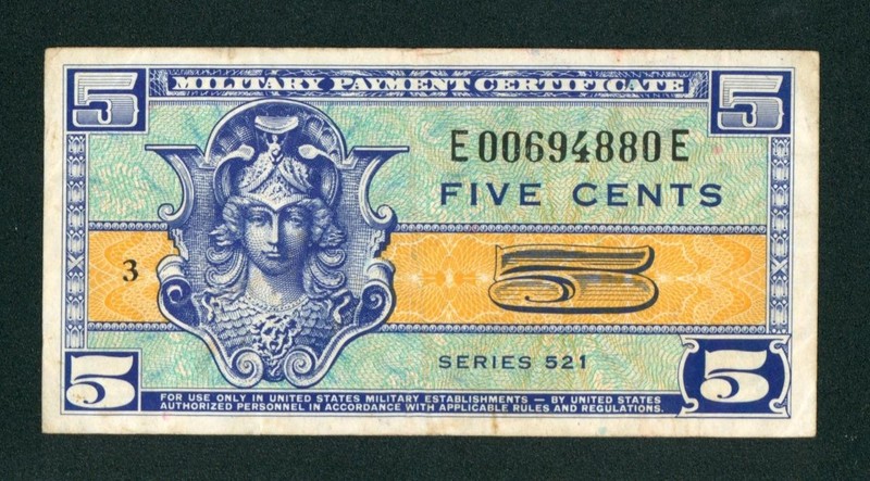 Series 521 5 cents US Military Payment Certificate ** PAPER CURRENCY AUCTIONS