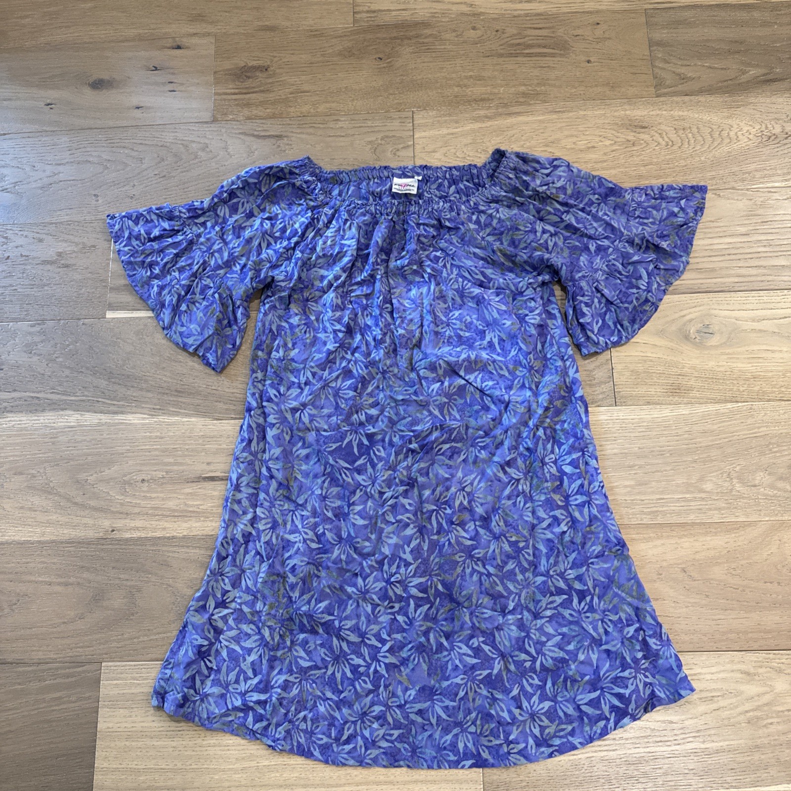 Boho Hawaiian Batik Dress Women L Purple Off Shoulder Bell Sleeve Midi