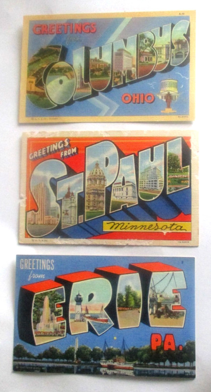 Lot of 3 Vintage linen postcards of Midwest Cities's GREETINGS IN BIG LETTERS