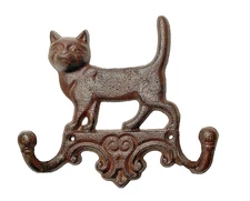 Cat Wall Hook Rack Cast Iron Coats Towels 6.25" Long Rustic Brown Kitten Kitty