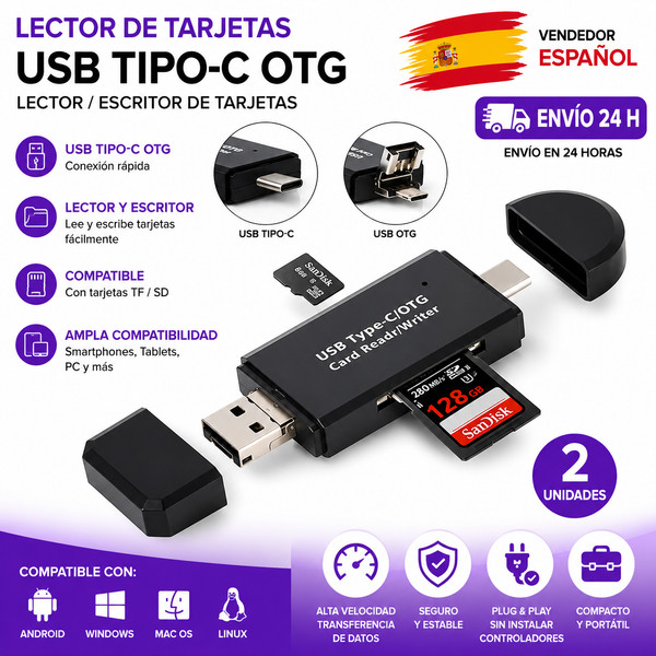Lector de Tarjetas USB 3.0 Tipo C OTG Micro SD TF Card Reader Adaptador