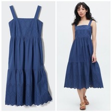 UNIQLO Blue Cotton Eyelet Smocked Tiered Midi Dress XS 100% Cotton