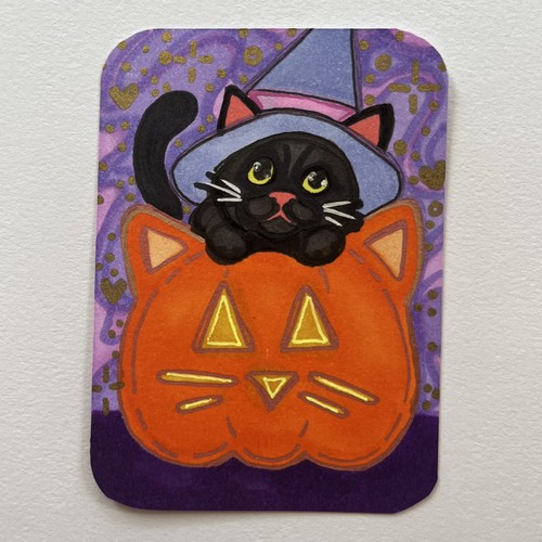 ACEO Original, Black Cat in Witch Hat & Cat Carved Pumpkin Artist: KMGRINNELLART