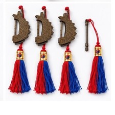 Vintage Korean Brass Fish Lock Set with Red and Blue Norigae Tassels 4 Piece