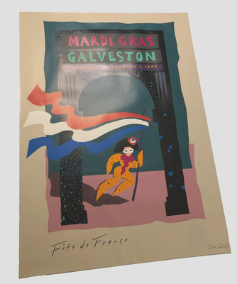 Signed Don Sibly Mardi Gras Galveston 1989 Fete de France Vintage Poster Flag