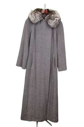 Joseph Wool Silk Long Coat Grey Fur Collar Womens FR40 UK 1 Made In France 1990s