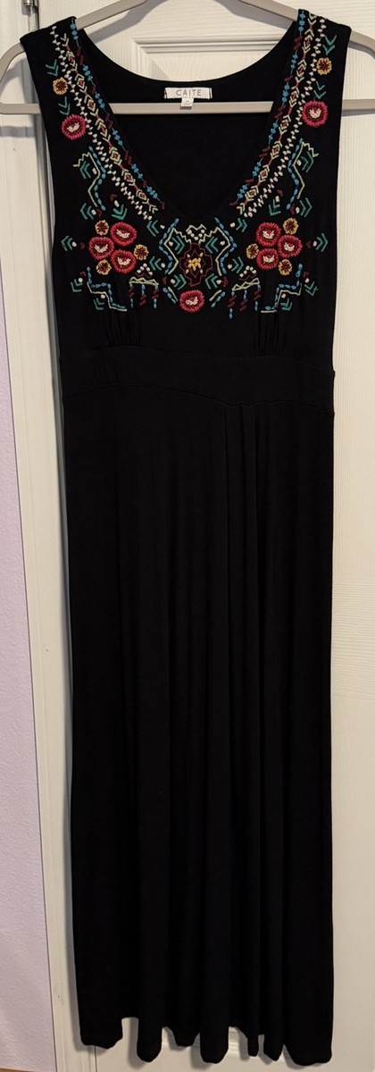 Caite Anthropologie Maxi Dress Black Embroidered Sleeveless Boho Jersey Comfy S
