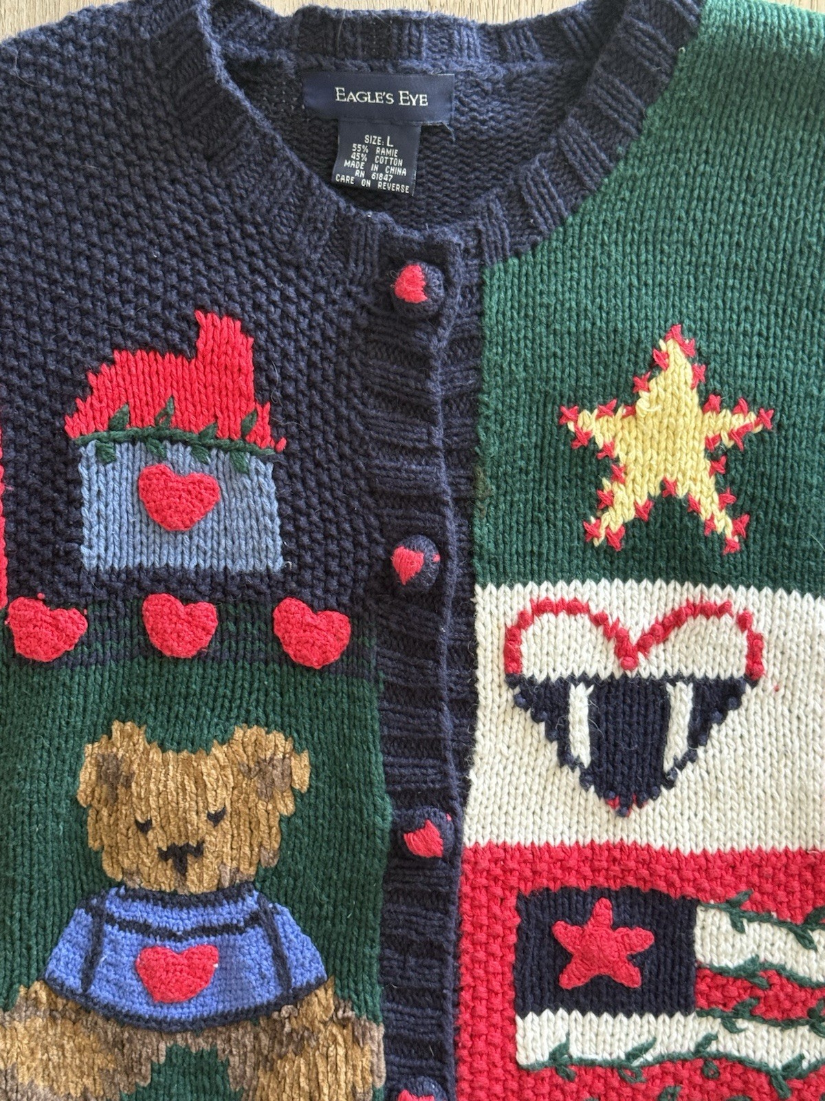 Vtg Eagle’s Eye Cardigan Sweater L Americana Flag Heart Apple Teacher Teddy Bear