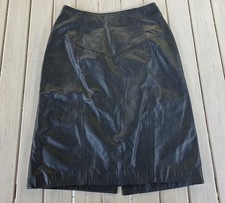 Vtg Black Genuine LEATHER Skirt High Waist V-Yoke Pencil Midi Goth Office 10