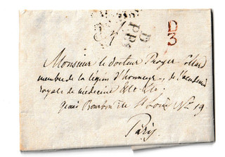 PARIS LAC en P.P. de 1823 Marques : D / P. P. D / 3 Verso : D. 3 e