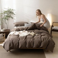3 Pieces Light Chocolate Brown Duvet Cover Set Queen Size 90'' L x 90'' W, 100 